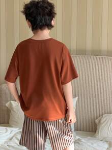 DAZY Tween Boy Comfortable Solid Color Drop Shoulder Short Sleeve T-Shirt And Striped Shorts Pajama Set, Summer Spring - Orange - View 6