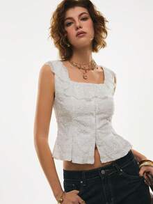 Poéselle Women's White Knitted Square Neck Tank Top With Ruffle Detail And Plant Pattern For Casual Wear - White - View 7