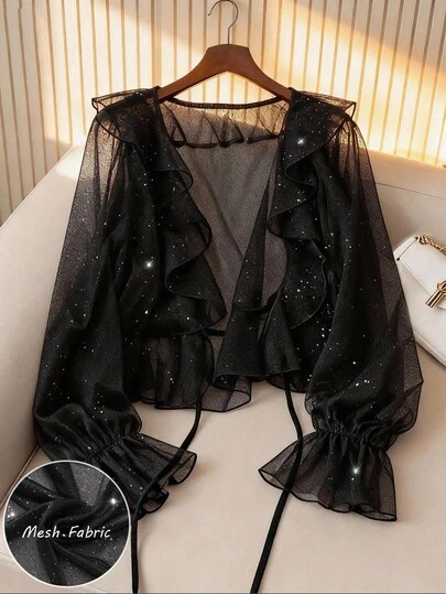 GlowEve Women's Ruffle Tie Flare Sleeve Sheer Elegant Party Casual Commute Fashion French Versatile Holiday Business Black Lightweight Long Sleeve Cardigan, Early Spring/Spring & Summer