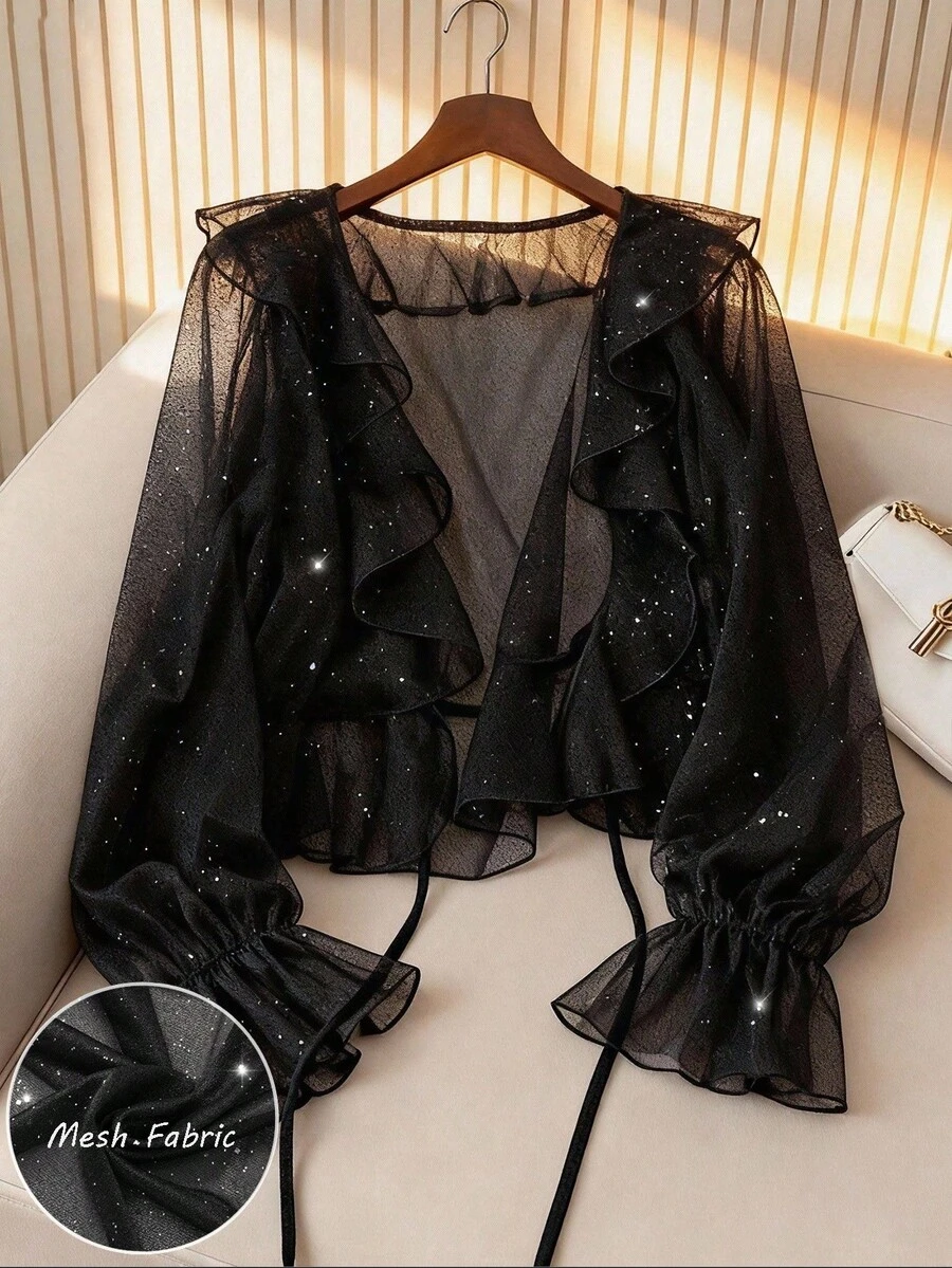 GlowEve 女士荷叶边系带喇叭袖薄纱优雅派对休闲通勤时尚法式百搭假日商务黑色轻薄长袖开衫，早春/春夏