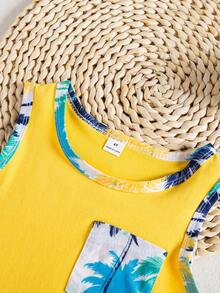 SHEIN Young Boy Tropical Print Vest And Shorts 2 Pieces Set, Casual Holiday Outfit Kids Tropical Outfit Boy Outfit Summer Toddler Boy Beach Set