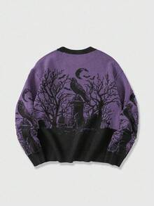ROMWE MEN Goth Áo len nam dệt kim jacquard phối màu tương phản, phong cách thường ngày, thích hợp cho mùa Thu/Đông. - Màu tím - Xem 2
