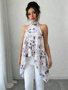 Breezaya Áo khoác mùa hè cho nữ, kiểu cổ yếm, hở lưng, thắt nơ, chất liệu chiffon, họa tiết hoa màu nước, cổ đứng, vạt áo bất đối xứng, kiểu dáng suông, thanh lịch, thoải mái, thích hợp cho kỳ nghỉ hoặc hẹn hò. - Màu tím - Xem 8
