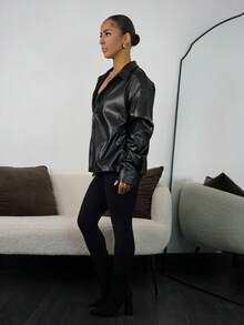 SAYEHFBABY Women's Fashion Street Style Black Zip-Up PU Leather Jacket, Autumn, Grunge,Casual,Black,PU,Baggy - Black - View 5