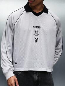 PLAYBOY X SUMWON Men's Retro Style Polo Sports Jersey Long Sleeve Mesh V-Neck Top With Contrast Black Collar And Side Trims - Grey - View 5