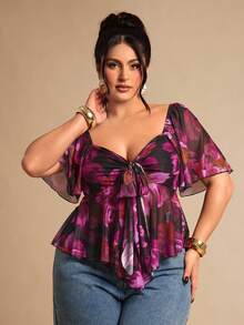 SHEIN BAE Bluzka w stylu gotyckim w dużym rozmiarze z kwadratowym dekoltem i koronką z bufiastymi rękawami/ Top w dużym rozmiarze z wiązaniem z przodu/ Bluzki w dużych rozmiarach/ Bluzki w dużych rozmiarach/ Damskie bluzki na ramiączkach typu spaghetti, kokardka dekoracyjna, Letnie eleganckie przyjęcie świąteczne, urodziny, walentynki/sukienka dla gości weselnych. Ubrania w dużych rozmiarach/Halloween/powrót do domu/Boże Narodzenie/wyjście/urodziny dla kobiet/strój zachodni dla kobiet/bluzka na imprezę dla kobiet - Fioletowy - Zobacz 5