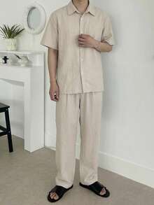 DAZY Bộ áo sơ mi nam màu trơn chất liệu giả lanh, thích hợp cho kỳ nghỉ xuân/hè. - Màu Khaki - Xem 3