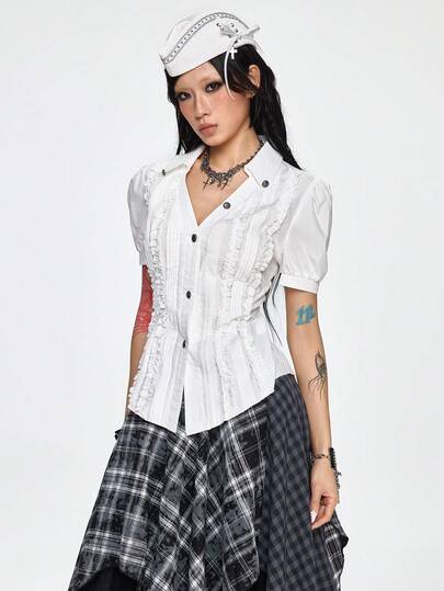 Grunge Punk Blusa a maniche corte da donna con balze in stile punk nautico