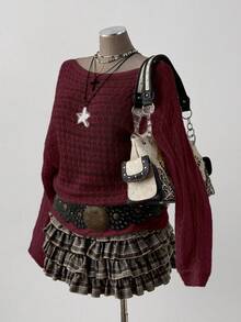 Sunspun 大码女式波西米亚/Y2K风格镂空纯色喇叭袖长袖针织套头毛衣，适合度假，适合所有季节，尤其适合秋季穿着；大码酒红色纯色针织套头毛衣，休闲船领，袖长及腕，落肩设计，半透明面料 - 酒紅色 - 查看 3