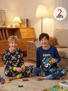 Spring/Autumn Football Element Pajama Set For Teen Boys Flame Football, Trophy Football Allover Print Snug Fit Sleepwear Set For Teen Boys, Comfortable Long Sleeve And Long Pants Casual Homewear 2 Pieces Set - Multicolor - View 4