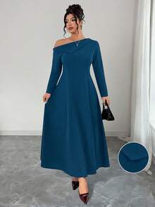 Elenzga Vestido de línea A de manga larga con cuello alto, ajuste de cintura, hombro asimétrico y bajo irregular, de punto suave y elegante para salir, fiestas, citas y uso diario, talla grande - Agua verde azul - Ver 7