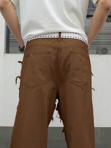 Manfinity ZONE917 Men's Solid Color Frayed Edge Slant Pocket Casual Versatile Jeans - Brown - View 3