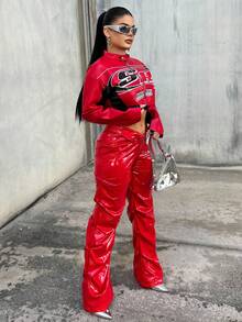 Dayanna Comas Y2k紅色摺疊低腰修身pu長褲 - 紅色 - 查看 4