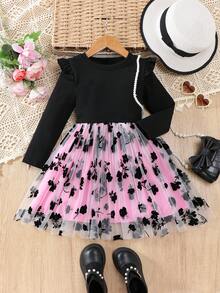 SHEIN Elladie kids 少女碎花网纱荷叶边收腰长袖连衣裙，时尚派对及假日风格，秋/春季 - 彩色 - 查看 3