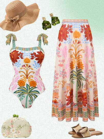 Swim Oasis Plus Size One-Piece Swimsuit, Botanical Print, Minimalist Design Women's Swimsuit Set