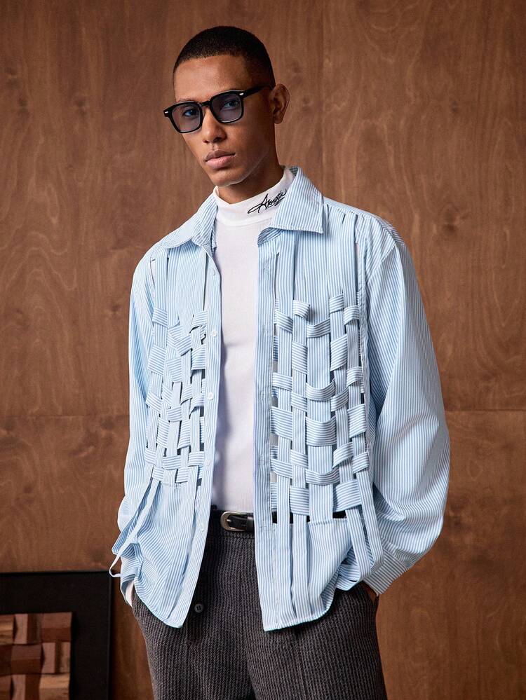 Men's Casual Striped Woven Front Button Long Sleeve Shirt, Summer Bruno Mars Men's Summer Button Up Powder Blue Shirt For Man Men's Resort Wear Jackpot Sumwon Men's Baby Blue Shirt