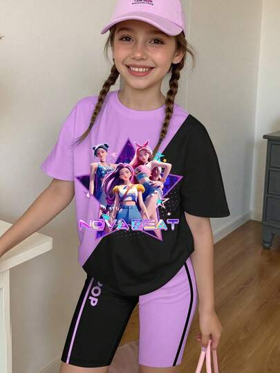 1 set voor tienermeisjes: casual K-POP T-shirt met korte mouwen en ronde hals in zwart-roze met contrasterende kleurenprint, geschikt voor uitjes in de lente/zomer.