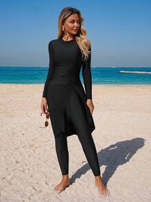 Swim Mulvari Women's New Ruched High Neck Long Sleeve Burkini Two Pieces Dress, Swimsuit With Long Pants, Middle East Beach, Cruise, Vacation, Swimming, Sun Protection, Casual Beach - Black - View 1