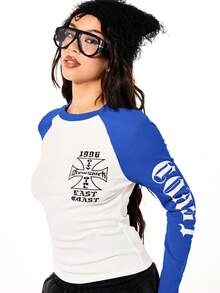 SUMWON WOMEN Kaos Baseball Lengan Panjang dengan Motif Grafis dan Lengan Raglan, Desain Salib Besi, Atasan Streetwear Kasual - Biru - View 3