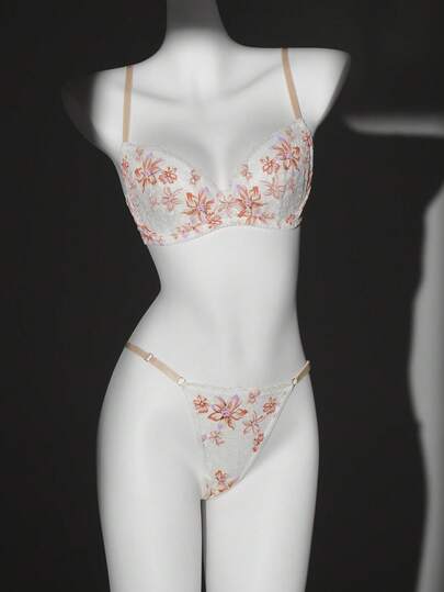 2pcs Lace Patchwork Floral Print Women Underwear Set With Underwire Bra And Panty
