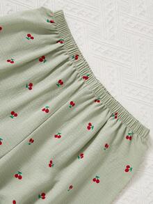 CottageSlumber 樱桃印花吊带背心和裤子女士睡衣套装，夏季家居服 - 綠色 - 查看 3