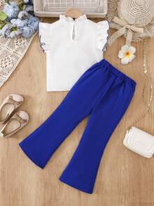 Young Girl Ruffle Collar Cap Sleeve Blouse And Flare Pants Elegant 2 Pieces Set Blue Flared Pants Kids - Multicolor - View 2