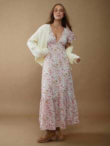 WESTFADE 印花雪纺V领荷叶袖层叠荷叶边长款连衣裙，适合秋季、冬季穿着，也可作为纳什维尔乡村音乐会服装，休闲、可爱、波西米亚风、西部风格女装。 - 粉色 - 查看 1