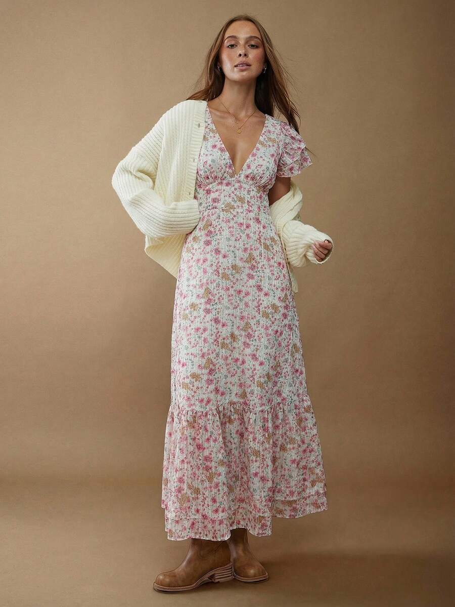 WESTFADE 印花雪纺V领荷叶袖层叠荷叶边长款连衣裙，适合秋季、冬季穿着，也可作为纳什维尔乡村音乐会服装，休闲、可爱、波西米亚风、西部风格女装。 - 粉色 - 查看 1