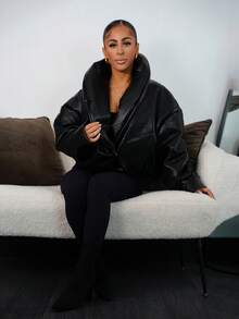 SAYEHFBABY 加厚翻领仿皮外套，适合夜间外出、秋季、冬季、返校季、日常穿着、圣诞派对、优雅晚宴等场合。 - 黑色 - 查看 5