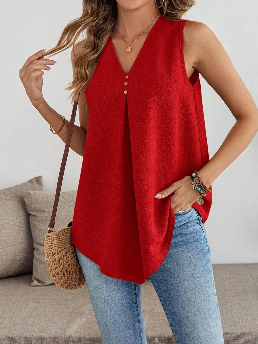 EMERY ROSE Camiseta sin mangas casual con cuello en V y pliegues de unicolor para mujer - Rojo - Ver 1