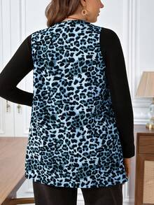 EMERY ROSE 大码女式夏季休闲度假豹纹开襟无袖外套，春假、度假、外出，2026新款，简约时尚，日常穿着，动物纹印花，印花开衫 - 藍色 - 查看 3