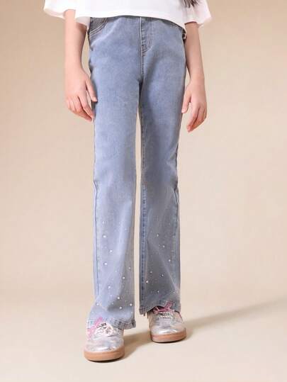 SUMWON Pull On Diamante Embellished Wide Leg Jeans With Elastic Waistband And Pearl Studs For Comfort And Style