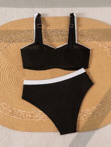 Swim Chiccia Black & White Contrast V-Wired Textured Plain Bikini Set - Black and White - View 4