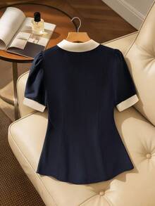 Franclia Women's New Navy Blue & Cream Color Block Shirt - Retro Peter Pan Collar + Ruffled Bow Tie, Puff Half Sleeves + Metal Buttons, Elegant Office-Wear Waist-Cinched Temperament Blouse French Style Clothes Navy Blue Blouse Blouse With Bow Polo Blouse For Women Formal Women's Formal Shirt Office Tops For Woman Formal Women Top - Black - View 2