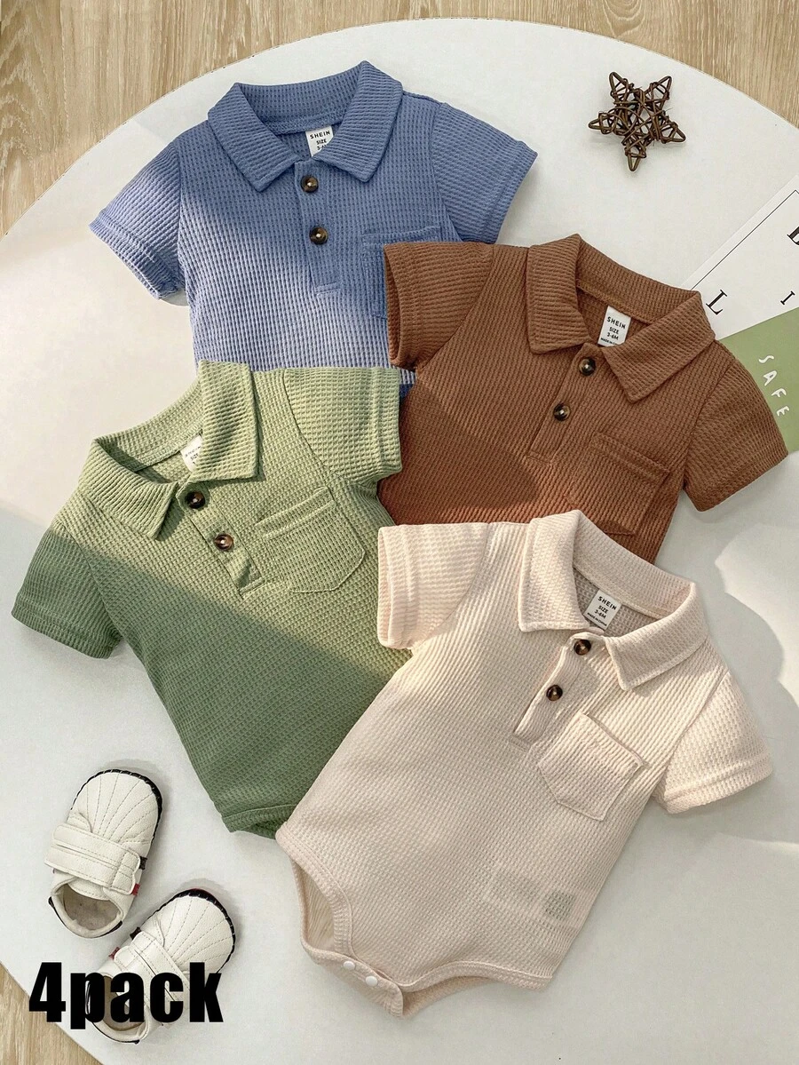 SHEIN Playful Pals 4件裝嬰幼兒中性款華夫格面料短袖POLO連身衣套裝 夏季休閒 親子穿搭 米色 藍色 杏色 棕色 綠色 日常戶外上學