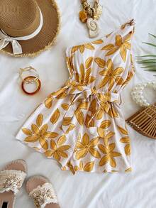 Soleia Bộ jumpsuit nữ kiểu dáng retro màu xanh trắng in họa tiết, lệch vai, eo xoắn, dáng rộng, thích hợp cho tiệc tùng, hẹn hò, mùa hè, đi biển, lễ hội âm nhạc. - Nhiều màu - Xem 5