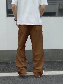 Manfinity ZONE917 Men's Solid Color Frayed Edge Slant Pocket Casual Versatile Jeans - Brown - View 2