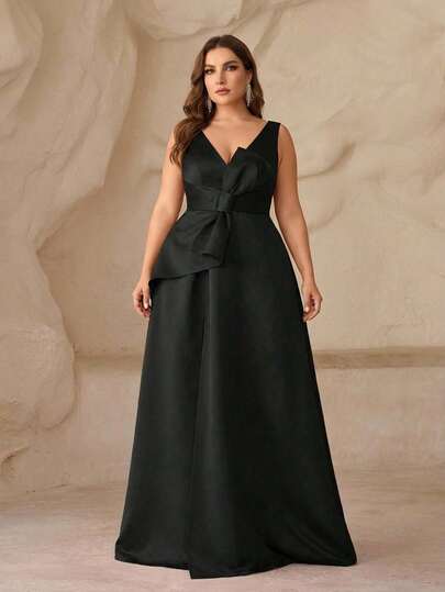 SHEIN Belle Plus Size Deep V-Neck High Slit Asymmetrical Bow Formal Dress, Elegant Evening Gown