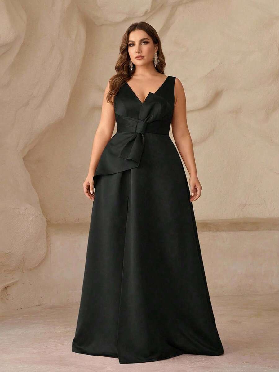 SHEIN Belle Plus Size Deep V-Neck High Slit Asymmetrical Bow Formal Dress, Elegant Evening Gown - Black - View 1
