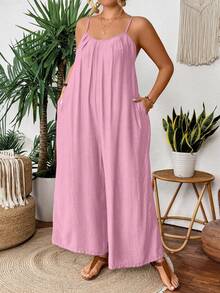 SHEIN Clasi Plus Size Casual Pink Spaghetti Strap Wide-Leg Jumpsuit Lightweight, Linen-Like Fabric Relaxed Fit With Wide Legs And Front Pockets - Pink - View 3