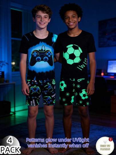 2 Sets Dual-Style Tween Boys Pajamas, Glow-In-The-Dark Design With Video Game Controller & "Play Games" Graphic In Neon Blue, And Soccer Ball & Letter Graphic In Neon Green On Black Background, Stretchy Smooth Fabric, Comfortable Fit For Lounging And Daily Activities, Showcasing Cool And Energetic Youth Vibe