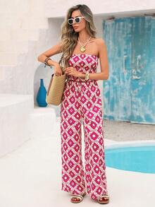 Vivid Eden 两件套波西米亚风印花抹胸上衣和阔腿裤套装，春夏休闲度假装 - 玫紅色 - 查看 7