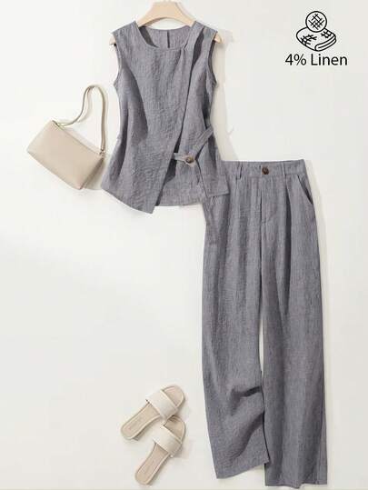 SHEIN Franclia 女士休闲不对称设计无袖衬衫和褶裥纽扣装饰阔腿裤两件套，春夏款