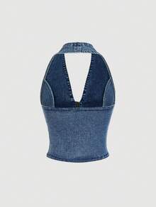 SHEIN MOD Women's Y2K Zip Front Halter Neck Denim Top