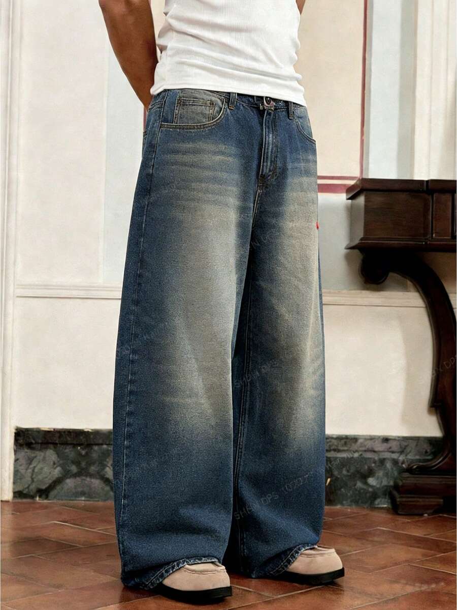 ESTAVOR Quần jeans ống rộng dáng suông màu đỏ thêu hình gấu Bắc Cực dành cho nam giới, thích hợp mặc hàng ngày trên đường phố. - Màu xanh lam - Xem 1