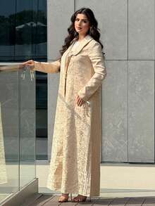 Yasmyna Damen Jacquard Einreihiger Lässig Everyday Abaya Robe mit langen Ärmeln - Aprikosenfarben - Übersicht 5