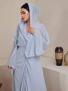 Graceveil Women's Elegant Modest Dusty Blue Dress,Autumn Dining Commute V-Neck Asymmetric Draped Pleated Flare Sleeve Textured Lightweight Loose Sheer Outfit - Gray Blue - View 7