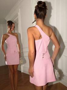 SHEIN Glamour Women's Pink Sleeveless Camisole With Lining Paired With Skirt, Women's 2 Pieces Suit, Women's Pink 2 Pieces Set, Women's Elegant Office Commute Versatile Date Vacation 2 Pieces Outfit - Pink - View 2