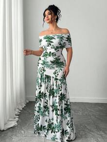 SHEIN Elenzya Vestido elegante y sofisticado de hombros descubiertos, talla grande, adecuado para fiestas, vacaciones, bodas, con diseño de abertura favorecedora - Multicolor - Ver 4