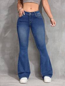 SHEIN CURVE+ 大码牛仔女郎蓝色弹力紧身牛仔裤，春季款 - 深色水洗藍 - 查看 7